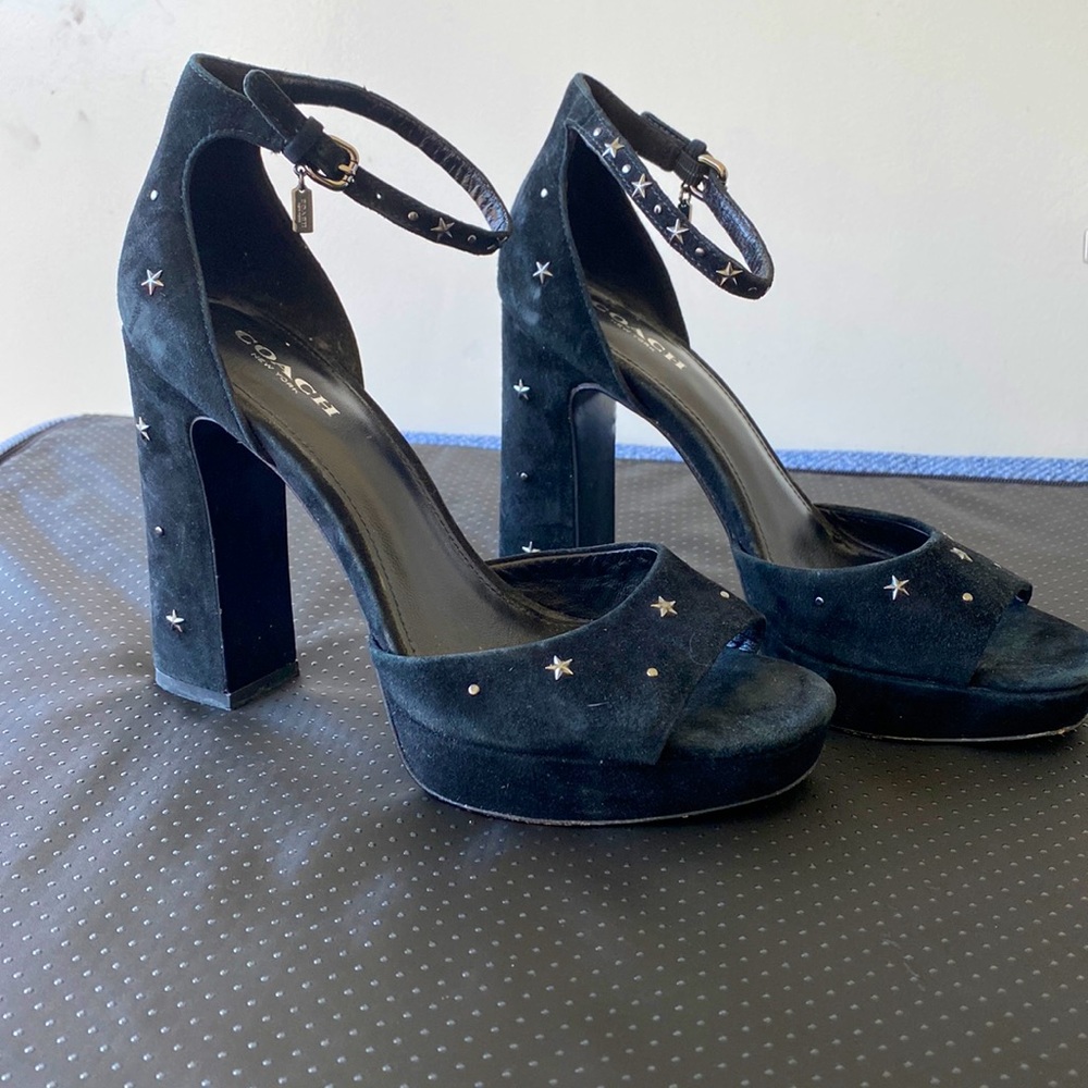 Black suede coach platform heels